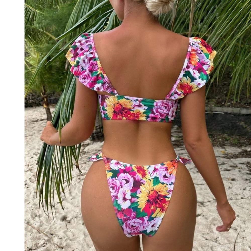 Multicolor Floral Womens Print Ruffle Trim Push Up Bikini Swimsuit - Picture 3 of 8